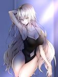  arm_behind_head armpits black_swimsuit breasts cleavage collarbone fate/grand_order fate_(series) highres jeanne_d'arc_(alter)_(fate) jeanne_d'arc_(fate)_(all) large_breasts long_hair navel one-piece_swimsuit silver_hair solo swimsuit tetsu_(excalibur920) very_long_hair yellow_eyes 