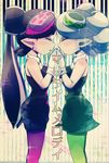  aori_(splatoon) black_dress black_hair closed_eyes cowboy_shot detached_collar domino_mask dress earrings food food_on_head from_side gloves hands_together happamushi hotaru_(splatoon) jewelry long_hair mask multiple_girls object_on_head pantyhose parted_lips pointy_ears short_dress short_hair short_jumpsuit splatoon_(series) splatoon_1 standing strapless strapless_dress symmetrical_hand_pose symmetry tentacle_hair translated white_gloves 