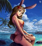  2016 animal_ears ass bikini blonde_hair blue_sky breasts bunny_ears bunny_tail cloud commentary completion_time day english_commentary eyebrows eyelashes flower green_eyes hair_flower hair_ornament hibiscus highres lips long_hair medium_breasts ocean orange_bikini original palm_tree rock ryu_shou side-tie_bikini sideboob sitting sky smile solo strap_gap summer swimsuit tail tree underboob 