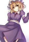  blonde_hair commentary_request dress hat janne_cherry juliet_sleeves long_sleeves looking_at_viewer maribel_hearn mob_cap neck_ribbon puffy_sleeves purple_dress red_ribbon ribbon sash short_hair solo touhou yellow_eyes 