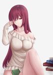 book breasts fate/grand_order fate_(series) highres large_breasts long_hair mirufi-yu off_shoulder one_eye_closed purple_hair red_eyes rubbing_eyes scathach_(fate)_(all) scathach_(fate/grand_order) solo sweater 