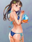  arched_back ass bikini blue_bikini bracelet braid breasts brown_eyes brown_hair comic_kairakuten cowboy_shot drinking_straw eating flat_ass from_side hair_ornament highres jewelry long_hair looking_at_viewer mouth_hold murata_renji non-web_source scan shaved_ice side-tie_bikini side_braid skindentation small_breasts solo swimsuit 