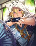  adapted_costume animal_ears animal_hood armor bangs blonde_hair blue_eyes blurry blush bottle cat_hood cloak coin_(ornament) copyright_name depth_of_field electric_fan eyebrows eyebrows_visible_through_hair from_below hair_between_eyes hirai_yuzuki holding holding_bottle hood hooded_cloak hot indoors japanese_armor kote male_focus motion_blur plant solo squatting summer sweat tassel touken_ranbu water water_bottle yamanbagiri_kunihiro 