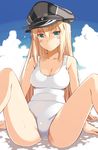  arms_up bare_legs bare_shoulders bismarck_(kantai_collection) blonde_hair blue_eyes blue_sky blush breasts cleavage cloud collarbone day eyebrows eyebrows_visible_through_hair hair_between_eyes hat head_tilt kantai_collection knees_up long_hair looking_at_viewer medium_breasts one-piece_swimsuit oota_yuuichi peaked_cap sitting sky solo spread_legs sweatdrop swimsuit very_long_hair white_swimsuit 