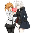  2girls ahoge bangs black_dress black_legwear black_skirt blush breasts coat commentary_request dress fate/grand_order fate_(series) fujimaru_ritsuka_(female) fur-trimmed_coat fur_collar fur_trim hair_between_eyes highres jacket jeanne_d&#039;arc_(alter)_(fate) jeanne_d&#039;arc_(fate)_(all) kuro_neko_(artist) medium_breasts multiple_girls one_side_up open_mouth orange_eyes orange_hair pantyhose scrunchie short_hair side_ponytail silver_hair skirt smile tsurime valentine white_background white_jacket wicked_dragon_witch_ver._shinjuku_1999 yellow_eyes 