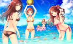  &gt;_&lt; :d armpits arms_up ass bikini black_bikini black_hair blonde_hair blue_eyes bow breasts brown_eyes brown_hair closed_eyes contrapposto day flower from_behind futaba_anzu hair_bow highres honda_mio idolmaster idolmaster_cinderella_girls innertube jewelry leaning_forward lens_flare long_hair looking_at_viewer looking_back medium_breasts moroboshi_kirari multiple_girls navel necklace one_side_up open_mouth orange_bikini outdoors petals reclining serino_itsuki shibuya_rin shimamura_uzuki short_hair smile standing strap_gap striped striped_bikini sunlight swimsuit trefoil wading 