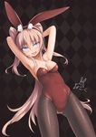  animal_ears beigu blue_eyes breasts bunny_ears bunny_tail bunnysuit fang fishnet_pantyhose fishnets highres long_hair original pantyhose pink_hair small_breasts solo standing tail two_side_up 