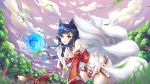  1girl absurdres ahri all_fours animal animal_ears bare_shoulders black_hair breasts chin_kohane cleavage day detached_sleeves facial_mark forest fox fox_ears fox_girl fox_tail grass heart highres huge_filesize korean_clothes large_breasts league_of_legends lips long_hair looking_at_viewer multiple_tails nature no_humans outdoors sky slit_pupils solo tail tree whisker_markings yellow_eyes 