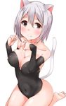  animal_ears arm_warmers bad_id bad_pixiv_id bare_legs bare_shoulders blush breasts brown_eyes cat_ears cat_tail closed_mouth collarbone covered_navel covered_nipples fang fang_out highres kittysuit knees_together_feet_apart leotard looking_at_viewer medium_breasts okomeito original paw_pose short_hair silver_hair simple_background sitting smile solo strapless strapless_leotard tail tooth wariza white_background 