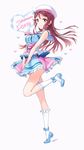  ankle_bow ankle_ribbon beret blue_footwear blush bobby_socks bow character_name covering covering_crotch dress feathers from_side hat kimi_no_kokoro_wa_kagayaiteru_kai? leg_up long_hair looking_at_viewer love_live! love_live!_sunshine!! necktie pink_bow red_hair ribbon sakurauchi_riko shoes short_necktie simple_background skirt smile socks solo standing standing_on_one_leg tiv twitter_username white_background white_legwear yellow_eyes 