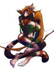  anthro archery areola big_breasts breasts clothing feline female hair half-closed_eyes long_hair looking_at_viewer mammal nipples simple_background smile solo tight_clothing underwear white_background wooy 