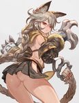  animal_ears ass bare_back black_skirt blush braid brown_hair cat_ears claws closed_mouth cowboy_shot detached_sleeves downscaled erune fang_out from_behind fur_trim granblue_fantasy heart highres hip_vent hood hood_down lack leaning_forward long_hair long_sleeves looking_at_viewer looking_back md5_mismatch panties pantyshot pantyshot_(standing) pleated_skirt red_eyes resized sen_(granblue_fantasy) single_braid skirt solo standing sweatdrop thighs tooth underwear upskirt very_long_hair white_panties 