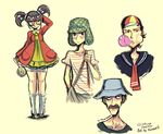  3boys baseball_cap brown_hair bubble_blowing candy chewing_gum chilindrina don_ramon dress el_chavo el_chavo_del_ocho facial_hair food glasses hat kenron_toqueen kneehighs lollipop multiple_boys mustache one_eye_closed quico shirt short_twintails striped striped_shirt twintails 