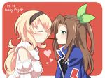  blush bow brown_hair compa food green_eyes hair_bow hair_ornament hairband if_(choujigen_game_neptune) imo_soba long_hair mouth_hold multiple_girls neptune_(series) pocky pocky_day pocky_kiss ribbon shared_food sweater 