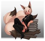  1girl animal_ears black_legwear black_shirt blonde_hair book_stack fox_ears fox_tail glasses hair_ornament hairclip kitsune less looking_at_viewer multiple_tails necktie no_shoes open_mouth original pen pink_eyes semi-rimless_glasses shirt short_hair sitting skirt solo tail thighhighs under-rim_glasses 