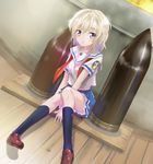  aquakurow high_school_fleet purple_eyes school_uniform serafuku short_hair short_sleeves silver_hair sitting solo tank_shell tateishi_shima yokosuka_girls_marine_high_school_uniform 