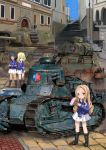  3girls andou_(girls_und_panzer) arl-44 arm_grab artist_name bangs bc_freedom_(emblem) bc_freedom_military_uniform black_footwear black_hair blonde_hair blue_eyes blue_jacket blue_sky blue_vest boots brown_eyes building closed_mouth commentary crossed_arms dark_skin day dress_shirt drill_hair emblem fan folding_fan frog ft-17 girls_und_panzer green_eyes ground_vehicle high_collar highres holding holding_fan jacket light_blush long_hair long_sleeves looking_at_viewer marie_(girls_und_panzer) medium_hair messy_hair military military_uniform military_vehicle miniskirt motor_vehicle multiple_girls oshida_(girls_und_panzer) outdoors pleated_skirt s35 shadow shasu_(lastochka) shirt signature skirt sky smile standing standing_on_one_leg stone_floor tank uniform utility_pole vest white_shirt white_skirt 
