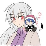  ^_^ blue_hair breasts closed_eyes commentary_request doremy_sweet hat heart kishin_sagume kuroba_rapid multiple_girls nightcap pom_pom_(clothes) red_eyes short_hair silver_hair simple_background smile tail tapir_tail touhou white_background wings 