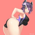  ass blush breasts competition_swimsuit eyepatch fang from_side hand_on_own_ass headgear imo_soba kantai_collection large_breasts leaning_forward looking_at_viewer md5_mismatch one-piece_swimsuit open_mouth purple_hair red_background short_hair simple_background solo standing swimsuit tenryuu_(kantai_collection) twitter_username wet yellow_eyes 