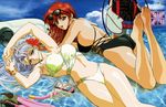  artist_request ass barefoot bikini blue_eyes bracelet character_request eyewear_on_head flower goggles hair_flower hair_ornament jewelry long_hair megami_paradise multiple_girls navel red_eyes red_hair silver_hair sunglasses swimsuit 