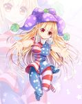  american_flag_dress american_flag_legwear ass_visible_through_thighs blonde_hair breasts clownpiece curvy dress foreshortening full_body hat head_tilt hips incoming_hug jester_cap long_hair looking_at_viewer medium_breasts neck_ruff outstretched_arms pantyhose pointy_ears polka_dot reaching_out red_eyes short_dress short_sleeves smile solo star star_print striped striped_legwear thigh_gap thighs touhou z.o.b zoom_layer 