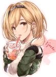  alternate_costume blonde_hair blush brown_hair cup djeeta_(granblue_fantasy) earrings eyebrows_visible_through_hair fighter_(granblue_fantasy) fur granblue_fantasy hairband heart ice jacket jewelry matoriyoshika24 nail_polish short_hair solo straw turtleneck white_background zipper 