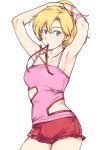  1girl armpits arms_up bangs bare_arms bare_shoulders blonde_hair blue_eyes breasts camisole casual collarbone colored_eyelashes commentary_request contrapposto elle_vianno gundam gundam_zz hairdressing highres long_hair looking_at_viewer medium_breasts mouth_hold pocket ponytail red_shorts short_shorts shorts simple_background solo tsurui tying_hair white_background 