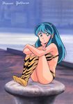  animal_print artist_request bangs bare_shoulders bikini blue_eyes bollard boots breasts copyright_name crossed_arms dorsiflexion eyeshadow full_body green_hair highres horns knees_to_chest leg_hug legs_together long_hair looking_at_viewer lum makeup medium_breasts ocean oni parted_lips pointy_ears sitting solo swimsuit tiger_print urusei_yatsura 