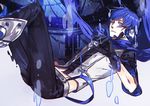  blue_eyes blue_hair falling gloves headset kaito looking_at_viewer male_focus midriff navel scarf solo vocaloid witchonly 