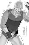  1boy bara blush erection eyes_closed gloves leon_s_kennedy male_focus masturbation monochrome penis resident_evil solo steam text uncensored wince 