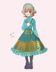  aqua_dress atra_mixta boots bow dress full_body gundam gundam_tekketsu_no_orphans hairband hand_on_own_chest light_brown_hair lolita_fashion lolita_hairband open_mouth purple_footwear red_eyes sasha_gladysh smile solo 