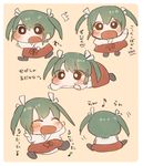  1girl black_legwear blush chibi commentary eighth_note green_hair hair_ribbon ina_(1813576) japanese_clothes kantai_collection long_hair multiple_views musical_note partially_translated ribbon simple_background smile translation_request twintails white_ribbon younger zuikaku_(kantai_collection) 