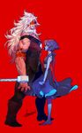  barefoot blue_hair blue_skin chained_wrists dress faceoff gem height_difference highres jasper_(steven_universe) lapis_lazuli_(steven_universe) long_hair multiple_girls muscle muscular_female orange_skin pigeon666 red_background size_difference steven_universe very_long_hair 