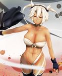  abs breasts commentary_request dark_skin glasses headgear highres kantai_collection kauchoro_(namikazemakase) large_breasts musashi_(kantai_collection) pointy_hair red_eyes semi-rimless_eyewear solo tan toned under-rim_eyewear white_hair 