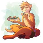  chopsticks claws clothing eating eyewear food glasses male mammal mustelid nowandlater otter pawpads paws shorts sushi tarrin thick_tail tongue tongue_out 