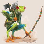  amphibian armor arrow axe bow clothing dungeons_&amp;_dragons female frog grippli melee_weapon official_art pants pathfinder red_eyes scarf tracking unknown_artist weapon zooif 