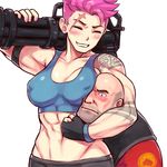  1girl :d abs arm_tattoo arm_up bald bare_shoulders biceps bike_shorts black_gloves blush blush_stickers breast_press breast_smother breasts clenched_hands closed_mouth collarbone commentary covered_nipples cowboy_shot crop_top crossover facial_hair fingerless_gloves gatling_gun gloves grin groin gun holding holding_gun holding_weapon large_breasts midriff minigun muscle muscular_female nail_polish navel nose_blush open_mouth over_shoulder overwatch pink_hair pink_nails scar shirt short_hair short_sleeves shorts sieyarelow simple_background smile stomach sweatdrop tank_top tattoo team_fortress_2 teeth the_heavy trait_connection undercut vest weapon weapon_over_shoulder white_background zarya_(overwatch) 