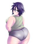  &gt;:( ass back bare_arms black_panties breasts camisole fat from_behind frown hand_on_hip kukuru large_breasts looking_at_viewer original panties pout purple_eyes purple_hair short_hair sleeveless solo thighs underwear v-shaped_eyebrows 
