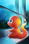  artist_name blue_eyes charmander eric_proctor fiery_tail full_body gen_1_pokemon indoors looking_afar no_humans open_mouth pokemon pokemon_(creature) profile rain signature sitting tail water water_drop window windowsill 