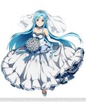 asuna_(sao) asuna_(sao-alo) blue_eyes blue_hair bouquet breasts bridal_veil cleavage collarbone diadem dress elbow_gloves flower full_body gloves long_hair official_art pointy_ears see-through simple_background small_breasts smile solo strapless strapless_dress sword_art_online sword_art_online:_code_register veil watermark white_background white_gloves 