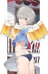  alcohol alternate_costume apron ass beer beer_mug blue_eyes breasts commentary_request cup eyebrows eyebrows_visible_through_hair hayashi_kewi holding holding_cup kantai_collection looking_at_viewer looking_back one_eye_closed open_mouth revision short_hair silver_hair small_breasts solo z1_leberecht_maass_(kantai_collection) 
