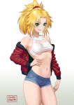 1girl absurdres artist_name bangs bare_shoulders blonde_hair blue_shorts braid breasts bustier carlo_montie collarbone contrapposto crop_top denim denim_shorts erect_nipples fate/apocrypha fate/grand_order fate_(series) gradient gradient_background green_eyes grin hair_ornament hair_scrunchie hand_on_hip highres hood hooded_jacket jacket looking_at_viewer medium_breasts medium_hair midriff mordred_(fate) mordred_(fate)_(all) navel no_bra open_clothes open_jacket parted_bangs ponytail red_jacket red_scrunchie scrunchie short_shorts shorts smile solo underboob zipper 