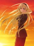  black_hairband blonde_hair blue_eyes carnelian hairband hand_in_hair highres irisdina_bernhard long_hair looking_at_viewer military military_uniform schwarzesmarken solo uniform 