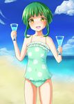  :d beach blue_sky bob_cut braid brown_eyes casual_one-piece_swimsuit cloud covered_navel day drink green_hair kantai_collection ocean one-piece_swimsuit open_mouth outdoors polka_dot polka_dot_swimsuit sand short_hair sidelocks sky smile solo swimsuit takanami_(kantai_collection) water yukidaruma 