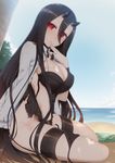  battleship_hime beach black_dress black_hair black_panties breasts burnt_clothes colored_eyelashes day dress eyes_visible_through_hair finger_to_mouth from_side hair_between_eyes highres horns kantai_collection large_breasts looking_at_viewer military military_uniform naval_uniform ocean oni_horns outdoors pale_skin palm_tree panties panties_around_one_leg panties_removed red_eyes serious shinkaisei-kan shiny shiny_skin side-tie_panties sitting solo tachimi_(basue) thighs torn_clothes torn_dress tree under_tree underwear uniform 