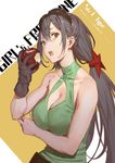  apple artist_name bare_shoulders black_eyes black_hair breasts cancer_(zjcconan) cleavage cleavage_cutout food fruit girls_frontline gloves goggles goggles_on_head halterneck large_breasts long_hair looking_at_viewer low_twintails open_mouth solo twintails type_56_assault_rifle_(girls_frontline) upper_body 