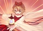  :o ainy77 bad_id bad_pixiv_id bishamonten's_pagoda blonde_hair blush commentary_request dress glowing hair_ornament long_sleeves open_mouth orange_eyes red_ribbon ribbon short_hair solo toramaru_shou touhou upper_body v-shaped_eyebrows wide_sleeves 