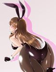  1girl animal_ears ass bare_shoulders blush bow breasts brown_eyes brown_hair bunny_ears bunny_tail bunnysuit fake_animal_ears from_behind gloves high_heels huge_ass idolmaster idolmaster_cinderella_girls large_breasts leaning leaning_forward long_hair looking_at_viewer nitta_minami pantyhose shiny shiny_clothes shiny_hair shiny_skin sideboob smile solo very_long_hair yappy 