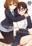  brown_eyes brown_hair cover glasses highres hirasawa_yui hug k-on! kagiana kneeling manabe_nodoka multiple_girls one_eye_closed pantyhose sakuragaoka_high_school_uniform school_uniform short_hair yuri 