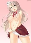  bad_id bad_pixiv_id breasts brown_eyes from_below grey_hair hair_censor hair_over_breasts hat kankitsunabe_(citrus) kantai_collection large_breasts long_hair mini_hat miniskirt panties pantyshot pola_(kantai_collection) skirt skirt_lift solo standing tilted_headwear topless underwear wavy_hair 